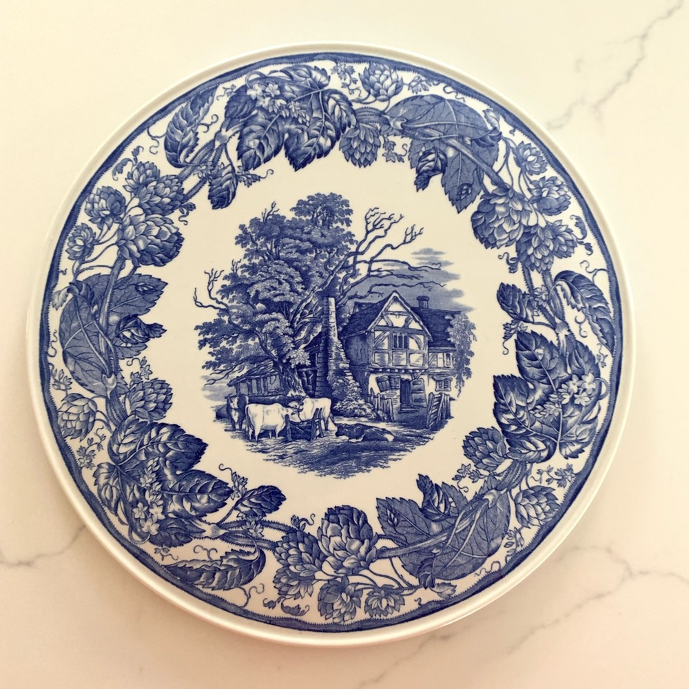 Spode Blue Collection Cake Plate Platter W/Rural Scene 1990’s Perfect Condition.